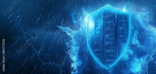 A neon blue firewall, shaped like a shield, protecting a cluster of data servers against a background of digital storms, illustrating active defense mechanisms. 32k, full ultra hd, high resolution