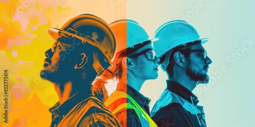 A creative blend of construction workers with safety vests and an engineer with a hard hat, illustrating diversity and expertise in the industry. 