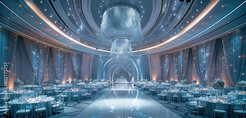 A large wedding hall with an indoor circular stage, futuristic style, white and silver color scheme, silver installation design elements on the ceiling of each table. Generative AI.