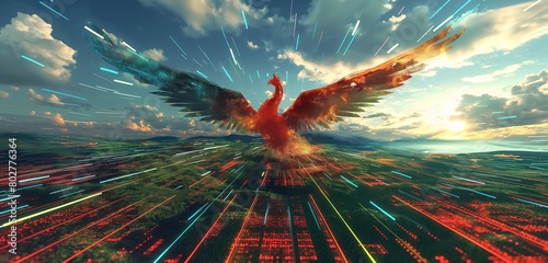 A digital phoenix, reborn from the ashes of compromised data, with wings spread wide over a landscape of restored and secured data fields, symbolizing recovery and resilience.