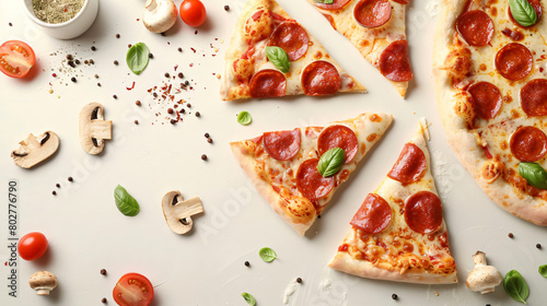 Slices of tasty pepperoni pizza mushrooms and spices o
