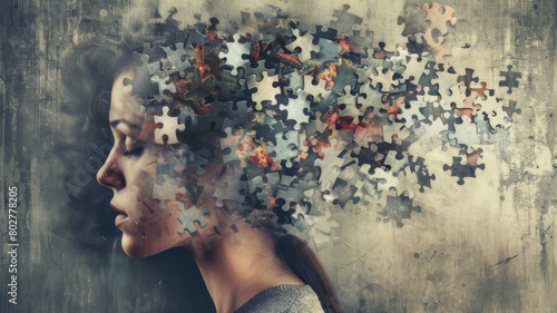 Woman head fragmented with many puzzle pieces