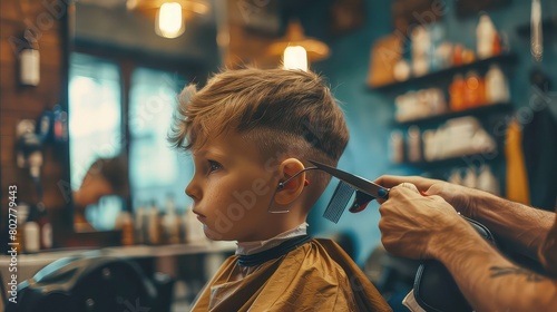 A side view of the child sitting still while the barber trims their hair with scissors. 