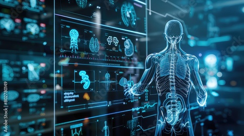 A visual representation of medical technology overlaid on a human body, showcasing advancements in diagnosis and treatment.