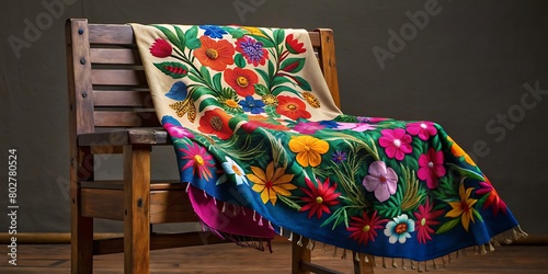 Rebozo tradicional mexicano bordado con flores y pájaros coloridos, sobre una silla de madera. 