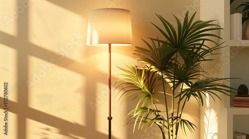 Standard lamp with shelving unit and houseplant 