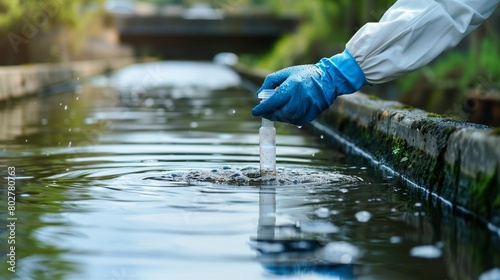 An environmental engineer in protective gear meticulously collects a water sample from a sewage treatment plant for quality testing and analysis.