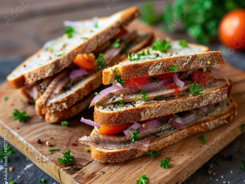 Tasty sandwiches! They're made with rye bread, anchovy herring, onions, and tomato salsa. Look delicious from the top! 