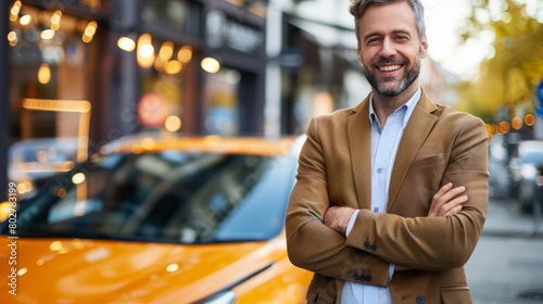 Serious male manager 30s dressed in elegant trendy wear and eyeglasses spending time outdoors, handsome businessman with near traffic road with taxi in metropolitan downtown