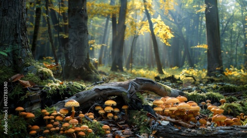 A tranquil woodland glade with mushrooms growing in clusters on the fallen branches of majestic trees, creating a peaceful natural tableau.