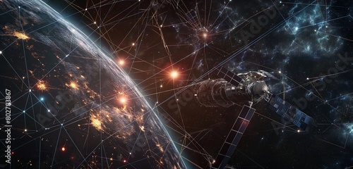 A network of satellites beaming encrypted signals to a fortified data repository on Earth, set against the cosmic backdrop of space, representing global data security efforts.