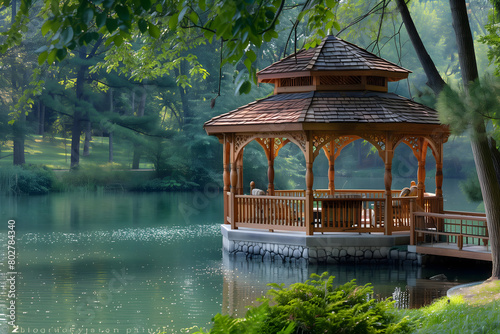 Nestled on the calm waters of a serene lake, a cozy pavilion stands just a stone's throw from the shore