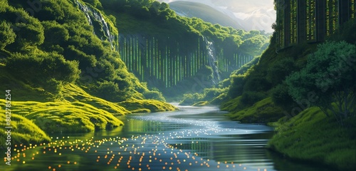 A serene digital landscape, with a river of encrypted data flowing through a valley of secure servers, reflecting the harmony between nature and cyber security. 32k, full ultra hd, high resolution