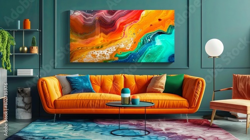 a colorful living room with an orange couch adorned with blue and green pillows, accompanied by a w