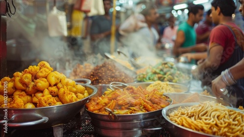 An Indian street food stall bustling with customers, the air filled with the enticing aromas of frying snacks and spices.