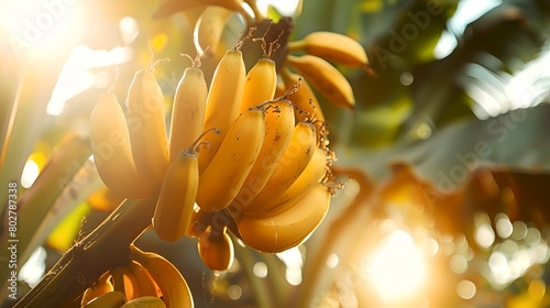 Sun-kissed Bananas Growing on Tree, Farm Fresh Fruit, Tropical Agriculture at Sunrise. Nature's Bounty Captured in Warm Light. AI