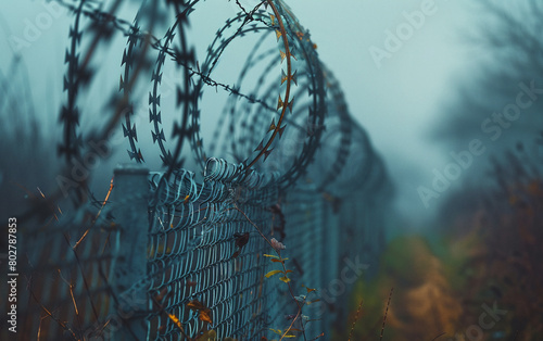 Fence with metal mesh and barbed wire to ensure security on territory. Photo from the side