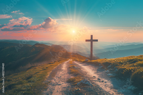 religion background, christian cross on the mountain road over sunset sky