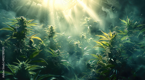Patch of cannabis plants in a steamy jungle with god rays. Generative AI.