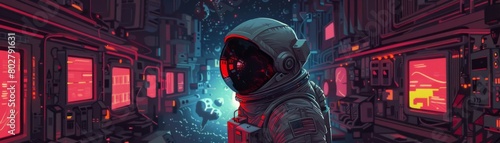 The image shows a astronaut in a futuristic spacesuit standing in a dark room with red lights.