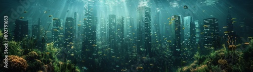 The image shows a beautiful and mysterious underwater city
