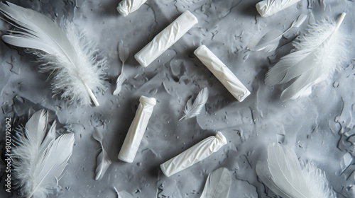 Tampons with feathers on grey background