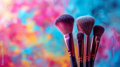 Close up view of multiple makeup brushes arranged together against a colorful background. Generative AI