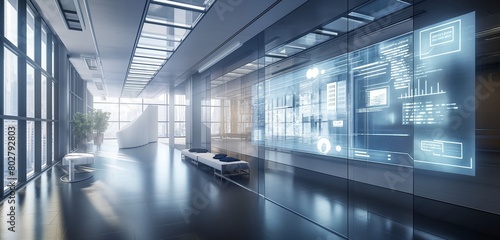 A sleek, minimalist tech incubator space where floating holographic projections display innovative technology projects in development. 32k, full ultra hd, high resolution