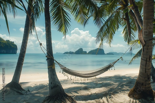 A lazy hammock between palms on a summer beach