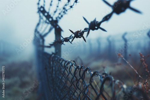 Fence with metal mesh and barbed wire to ensure security on territory. Photo from the side