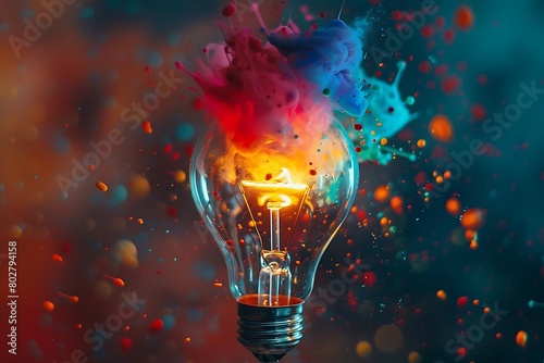 A light bulb exploding with a burst of colorful ideas.