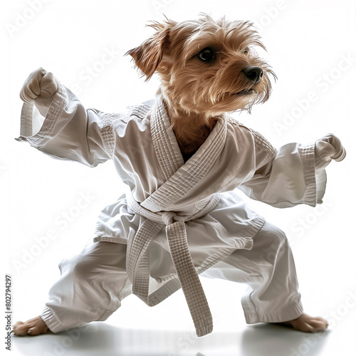 Yorkshire Terrier training karate in white kimono