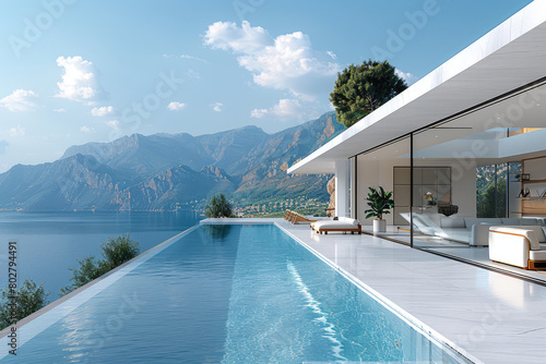  A stunning white modern villa with infinity pool, overlooking the mountainous landscape of mountains and sea in KRA. Created with Ai
