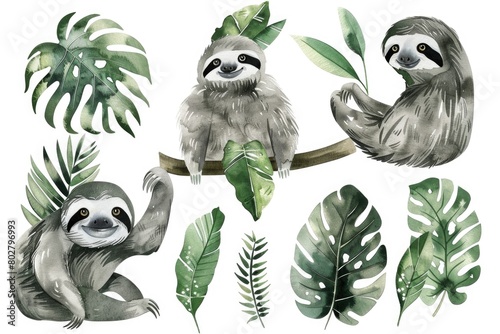 Adorable sloths painted in watercolor, perfect for nature lovers and children's designs