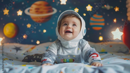 Adorable infant on a bed, illustrations morph bed into space, with stars, a planet, in cheerful astronaut guise