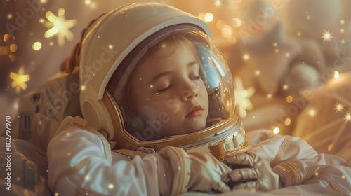 Little dreamer in a spacesuit, with an artistic helmet and stars, embracing astronaut role play