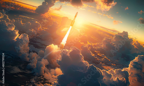 Powerful Rocket Launch Soaring into Stratosphere Surrounded by Lush Forest Landscape - Ultra Realistic Render