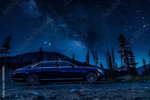 A midnight blue luxury sedan parked under a star-studded sky. The moonlight glimmers on its polished surface, and the air smells of pine and adventure.