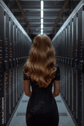 A woman in a black dress stands in a server room, surrounded by computer equipment and cables