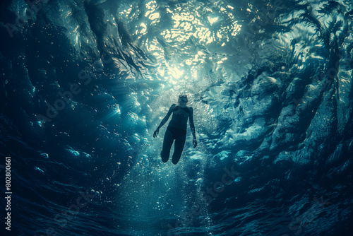 Diver mid-air, executing a graceful dive with perfect form .Swimming underwater with sunlight streaming through the electric blue water