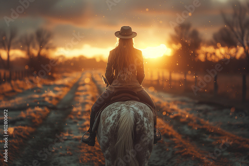 Equestrian rider guiding their horse through a challenging course with skill and precision.Woman riding horse through natural landscape at sunset