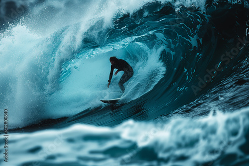 Surfer riding a massive wave with skill and courage, carving graceful turns .Man surfing on a wave with a surfboard in the liquid water