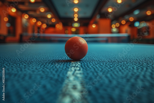 Table tennis players engaged in a lightning-fast exchange of shots at the table .Close up shot of a ping pong ball on a billiard table