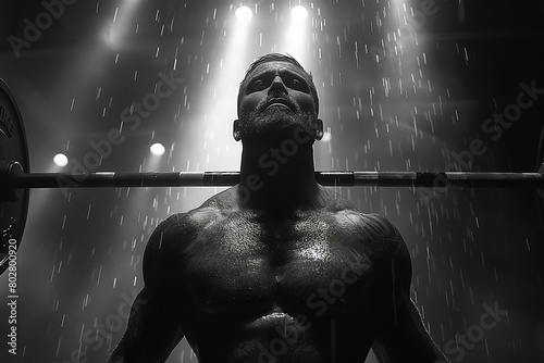 Weightlifter hoisting a barbell overhead, muscles bulging with effort .Barechested bodybuilder lifting barbell in rain, monochrome film shot