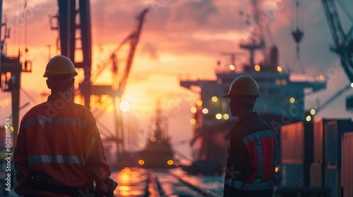 An inspiring image of two dock workers in the foreground of a shipyard, with blurred cranes and cargo ships in the background, representing the dedication and hard work of maritime professionals.