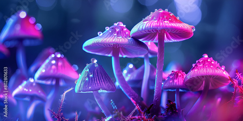 Enchanting Fantasy Glowing Mushrooms in a Lush Forest with blue light background