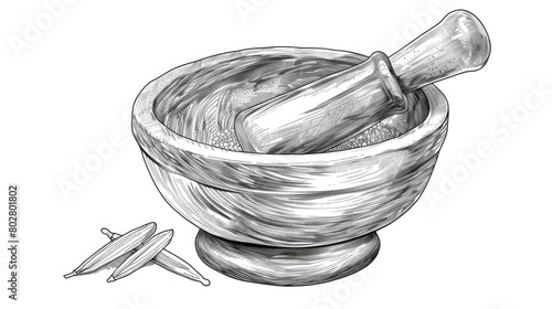 Detailed drawing of a mortar and a knife, perfect for culinary or cooking themes
