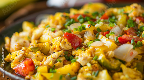 Vibrant close-up of jamaican ackee and saltfish, garnished with fresh herbs, peppers, and spices served on a wooden table