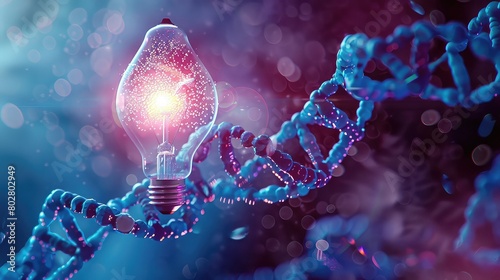 A surreal composition showcasing an abstract blue light bulb radiating its brilliance onto a captivating blue and purple 3D DNA molecule helix.