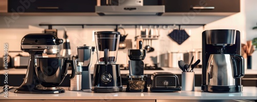 A variety of kitchen appliances are sitting on a counter. The appliances are all black and silver. There is a stand mixer, a coffee maker, a food processor, and a toaster.